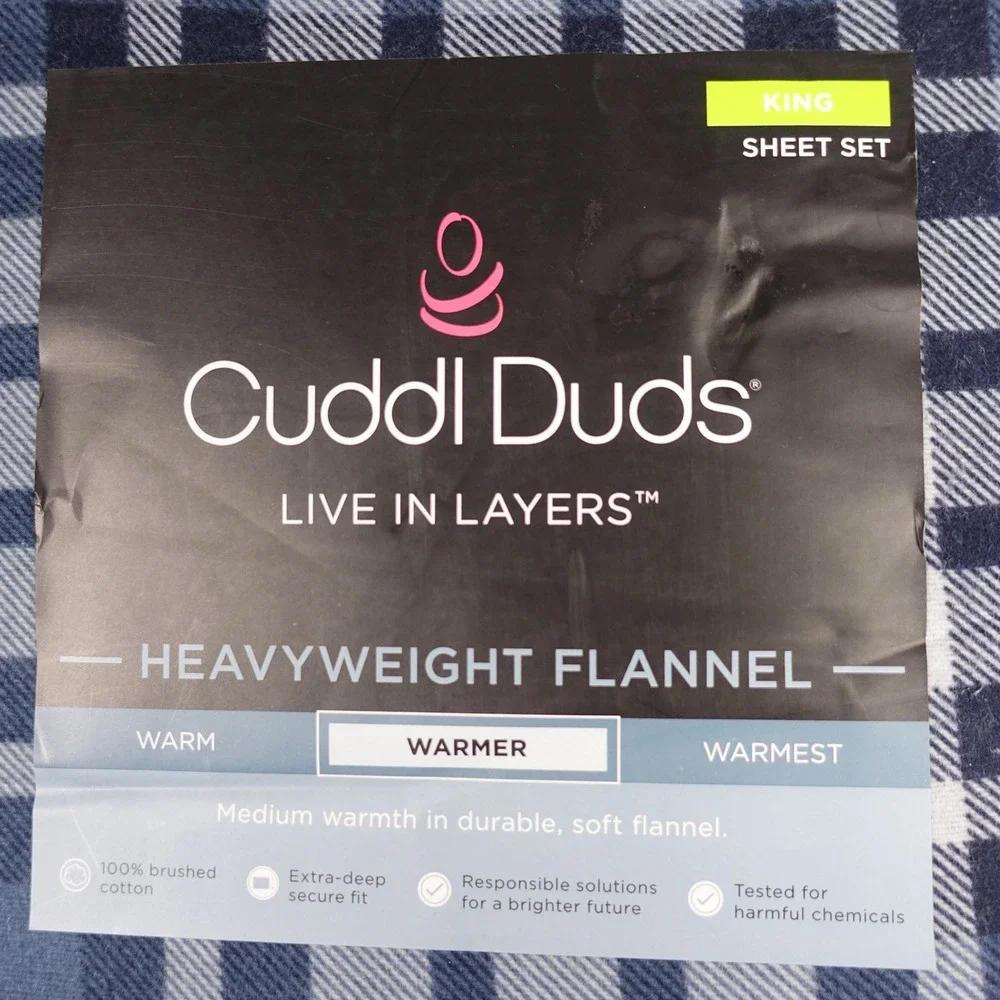 Cuddl Duds King Sheet Set Heavyweight Flannel Navy Red Plaid 100% Cotton NEW